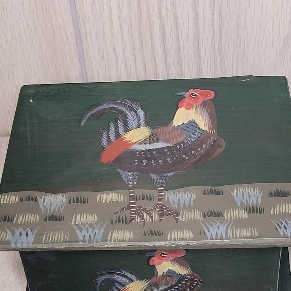 Vintage Han Painted Rooster Wood Recipe Box Bird Farmhouse Country Prairie